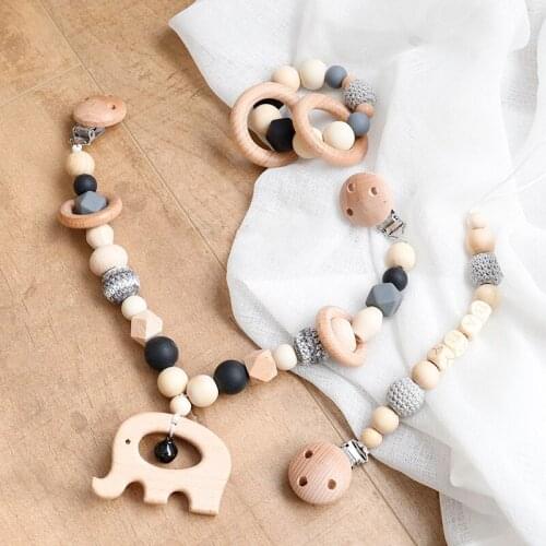 3 pcs/set Baby Pacifier Chain Toys Wooden Pram Clip Baby Pram Silicone Bead Pacifier Chain Chewable Rattle Baby Wooden Teether