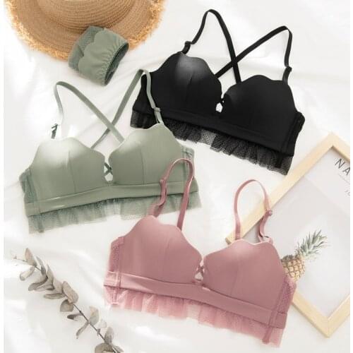 Wasteheart Winter New Fashion Women Pink Green Sexy Lingerie Sets Lace Cross Back Cotton Panties Padded Wireless Bra Sets A B