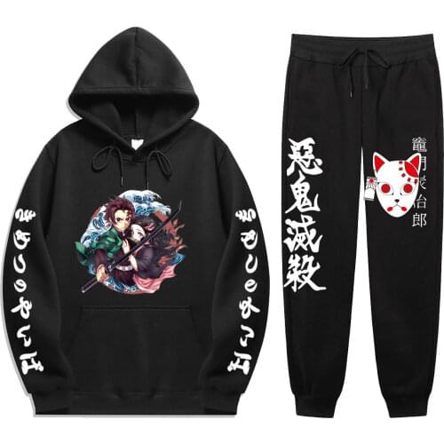 Japan Anime Demon Slayer Winter Tracksuit 2 Piece Set Print Hoodies pants Sportwear men Sports Suit Hooded Sweatshirt Harajuku
