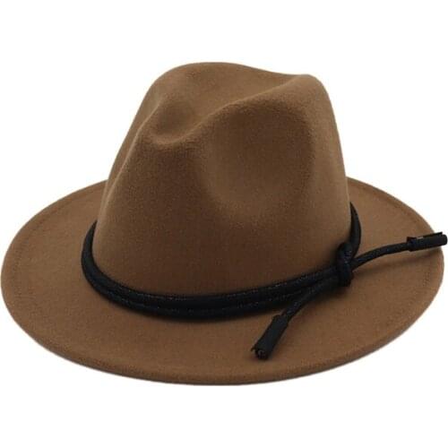 Leather Rope Ribbon Decorated Wide Brim Jazz Vintage Woolen Felt Women Fedora Hat Lady Flat Brim Formal Party Trilby Hats GH-470