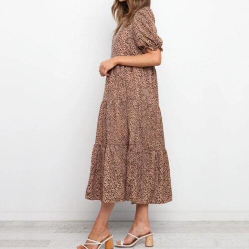 Leopard Large Hem Puff Short Sleeve O-neck Loose Midi Dress Sundress for Daily Wear