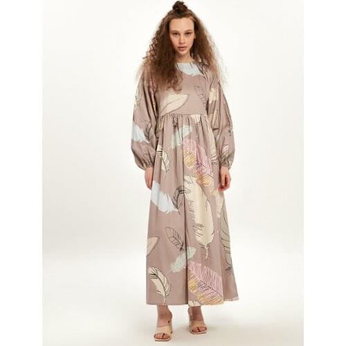 Muslim Dress 2021 Summer Fashion Women Hijab Ethnic Feather Pattern Authentic Abaya Purple Gray Beige