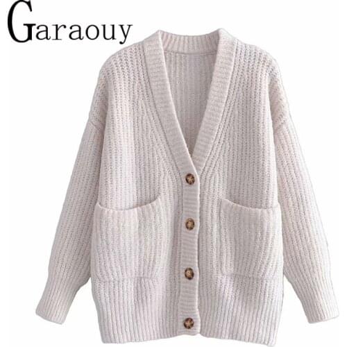 Garaouy 2021 New Women Autumn Winter White Cardigan Sweater Loose Oversized Knitted Sweater Long Sleeve Button Pocket Coat ZA