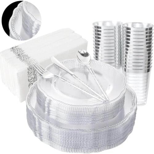 85 Pieces of Disposable Party Tableware Transparent Golden Plastic Tray Set for Wedding Party Holiday Event Decoration