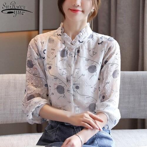 Causal Autumn Korean All-match Long Sleeve Shirt Stand Collar Printed Womans Shirts Elegant Floral Chiffon Blouses Women 10742