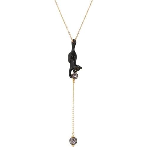 Lovely black enamel cat shines balls European and American children fun style Y long necklace sweater chain women