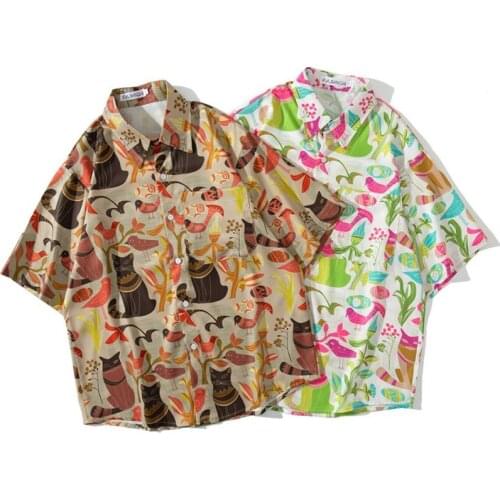 Men Shirt Short Sleeve Blue White Khaki 2021 New Summer Loose Pocket Cat Male Shirt Thin Comfortable Korean Style S66