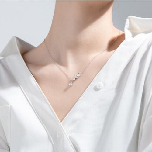 Leaf Shape Silver Pendant Necklace 925 Sterling Silver Necklace with Cubic Zirconia