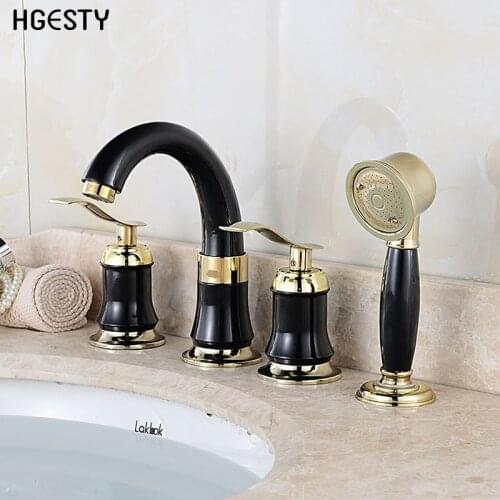 4Pcs Bathroom Basin Faucet Bathtub Faucet Deck Mounted Tub Sink Water Faucet Cold Hot Mixer Tap with Handshower Tub Crane Tap