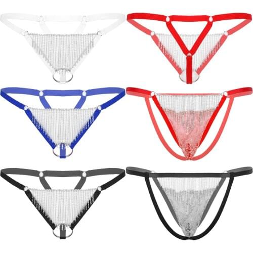 Men Metal Chain Tassel Crotchless Bulge Pouch Thongs Low Rise Elastic Waistband T-Back Fringed G-String Underwear Underpanties