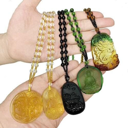 Vintage Glazed Drop Pendant Necklace Long Chain for Women Men Dragon Buddha Brave Troops Crystal Pray Lucky Buddhist Accessories