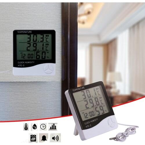 Indoor Outdoor Thermometer Hygrometer Tester Room Electronic Temperature Humidity Sensor Meter Weather Station Alarm Clock HTC-2
