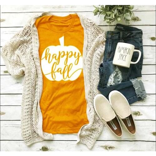 Happy Fall Slogan Grunge T-Shirt Casual Cotton Graphic Short Sleeve Tee autumn Pumpkin Fall Tops tumblr aesthetic Outfits