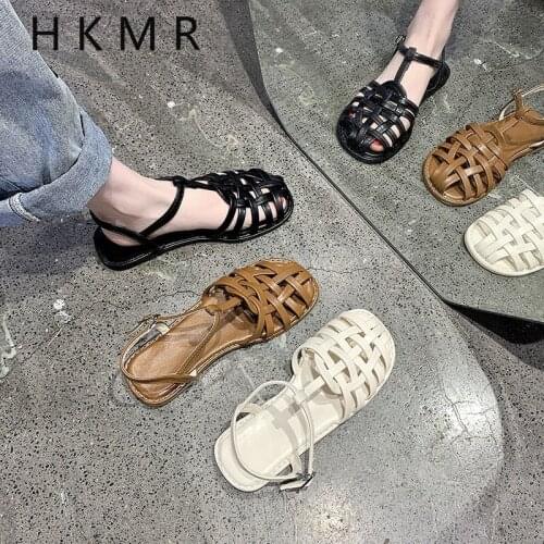 2021New Beige Heeled Sandals Retro Woman Shoes All-Match Summer Black Original Clear Fashion Closed Girls Gladiator Comfort Flat