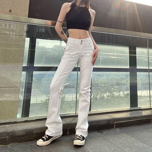 Women Simple Style Flared Trousers, White Low Waist Double Buckles Pants with Pockets