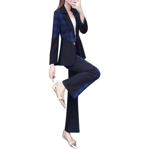 Womens suit plaid suit 2019 new autumn fashion temperament commute OL professional suit wide leg pants two-piece