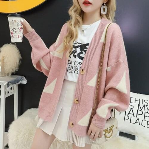 Contrast Triangular Lattice Knit Cardigan Women Loose V-neck Single-breasted Long Sleeves Casual Warm Oversized Knitted Sweater