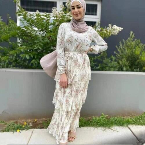 Women Muslim Without Headscarf Pleated Printing Long Dress Abaya Cupcake Dress Dubai Moroccan Kaftan Abayas Caftan Turkish Robe