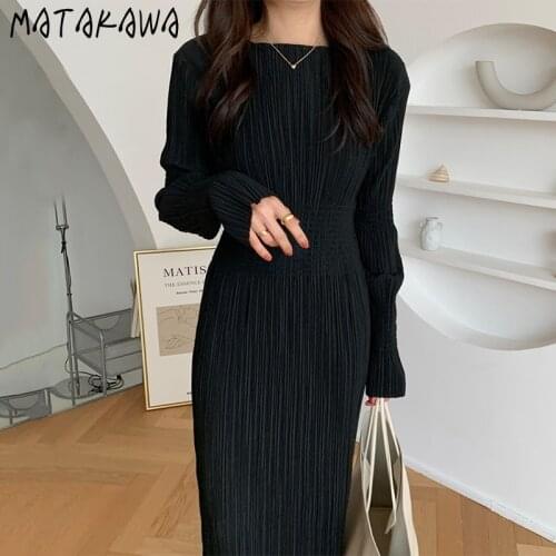 MATAKAWA Elastic Waist Long Sleeve Dress Korea Autumn Retro Simple Round Neck Folds Robe Femme Black Bodycon Dresses for Women