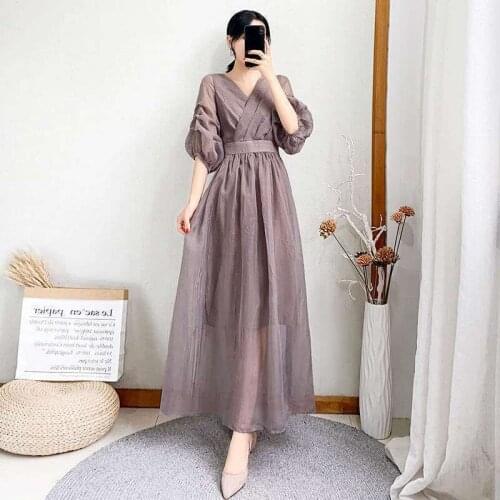2021 New Womens Summer Pure Color Simple Lantern Sleeves Over The Knee Long Dress Female Slim Temperament Ladies Vestidos zh354