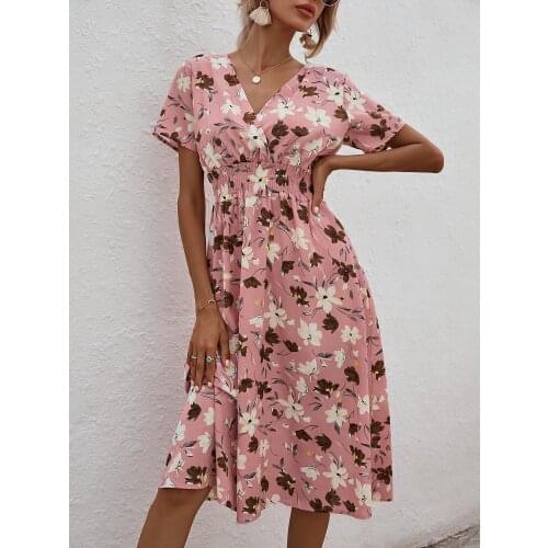 V Neck Floral Midi Beach Spring Summer Clothes Dress For WomenS Vetement Femme 2021 Sukienka Sundress Vintage Casual Dress