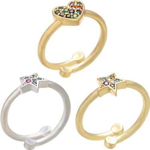 ZHUKOU 19x21mm Minimalist Heart and star Brass Cubic Zirconia Finger Ring gold Women Engagement Wedding Band Ring model:VJ6