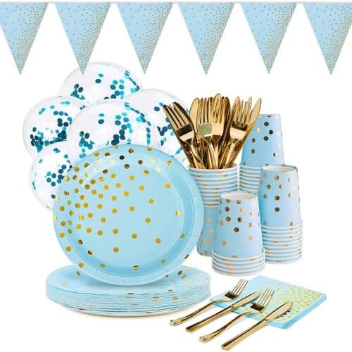 10pcs/lot Birthday Party Gold Dot Diposable Tableware Light Blue Paper Plates Cups Balloon Wedding Baby Shower Party Decor zz02