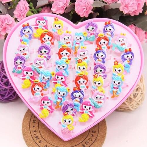 36Pcs Cartoon Mermaid rings Cute Princess Baby Girls ring Shining Children Jewelry Kids Ring Pretend Play Makeup Toys Party Gift