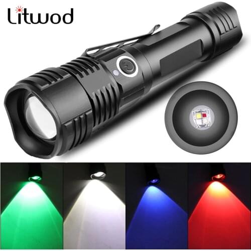 4 Colors in One Multi-functional Tactical Hunting LED Flashlight Power by 18650 / AAA Battery USB Rechargeable Torch Bulbs 10W