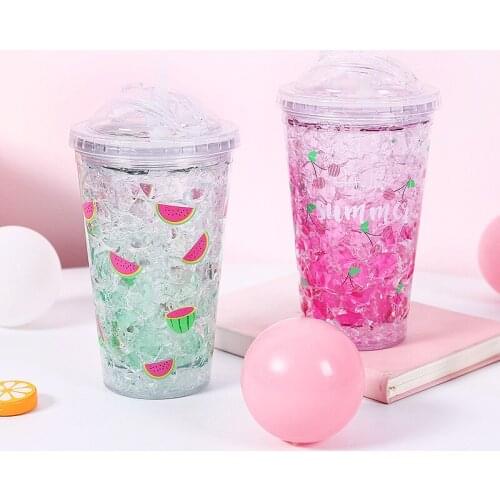 450ml Crushed Ice Type Straw Cup Summer Sippy Milk Tea Cup Type Double-layer Cold Drink Bottle With Bow Lid Refillable Bottles