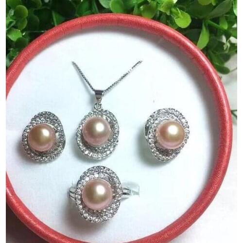 Noble jewelry 10-11MM Freshwater pink PEARL Earrings ring pendant chain necklace 925 Sterling Silver