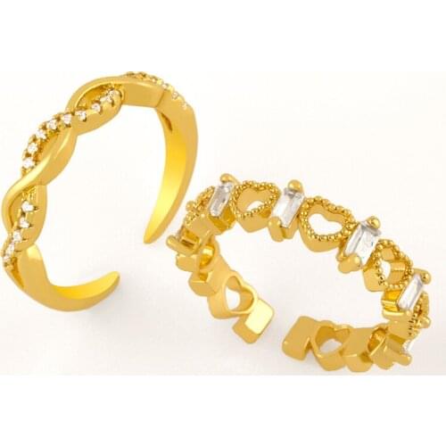 FLOLA Crystal Heart Rings For Women Gold Filled Infinity Open Cuff Rings Adjustable CZ Zirconia Female Jewelry Wholesale rigj76