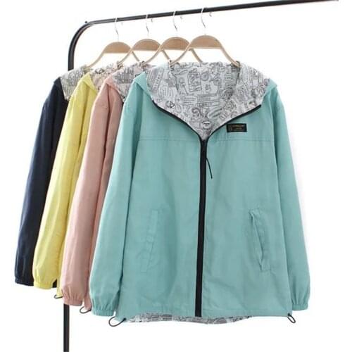 Spring Autumn Women Jacket Coat Pocket Two Sides Wear Zipper Hooded Wind Breaker Female Casual Outwear Loose Plus Size Tops