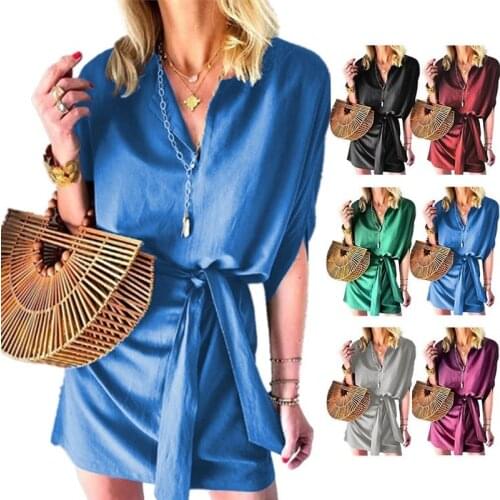 Summer Womens Shirt Dress Chiffon Short-sleeved Summer Dress with Belt A-line Party Mini Dress