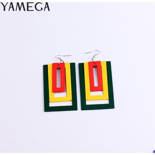 YAMEGA Square Natural Wooden Multilayer Earrings Long Muticolor Africa Drop Earrings For Women Lady Girls