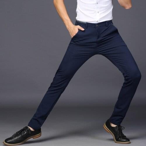 Mens casual pants fitness slim long business trousers plus size 2019 summer elastic waist grey navy black slacks