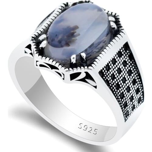 Hot Black Rings Men Tibetan Silver Natural Stone ring mens 925 Sterling Silver Agate Stone Rings For Men Vintage Jewelry