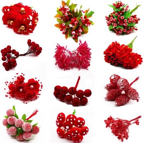 6/10/12/20/24/200pcs Mixed Red Flower Cherry Stamen Berries Bundle DIY Christmas Wedding Cake Gift Box Wreaths Decor