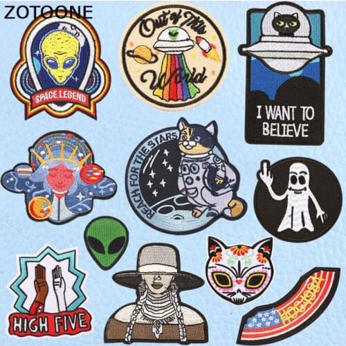 ZOTOONE Alien Star Cat UFO Patch High Five Badges Embroidered Applique Sewing Iron on Badge Clothes Garment Apparel Accessories