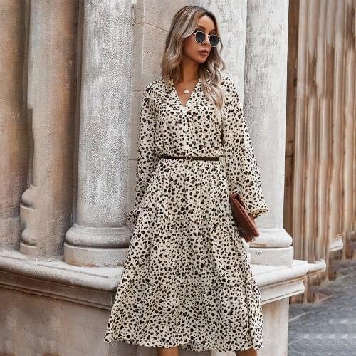Spring Long Sleeve Midi Dress Women Autumn 2021 Leopard Print Loose White Green Casual Dress Woman Fashion Elegant Clothing Fall