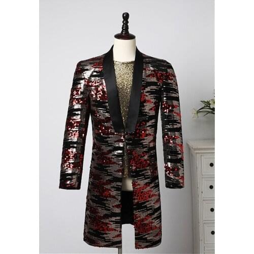 Stylish Band Costume Men Singer Performance Suit Color Matching Sequins Jacket Mid-Long Coat Casual Windbreaker