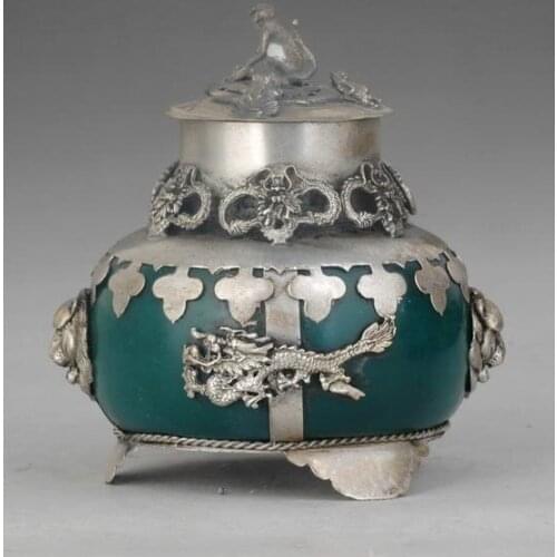 Tibetan Silver old TIBET SILVER JADE ARMORED dragon INCENSE BURNER shipping tools wedding Decoration Brass
