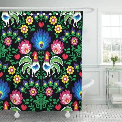 Fabric Shower Curtain Colorful Animal Polish Folk Pattern with Roosters Wzory Lowickie Wycinanka Green Floral Decorative