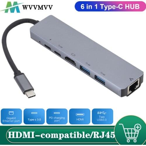 WVVMVV 4K USB C Hub to Gigabit Ethernet Rj45 Lan 6 in 1 USB Type C Hub Adapter for Mac book Pro Thunderbolt 3 USB-C Charger PD