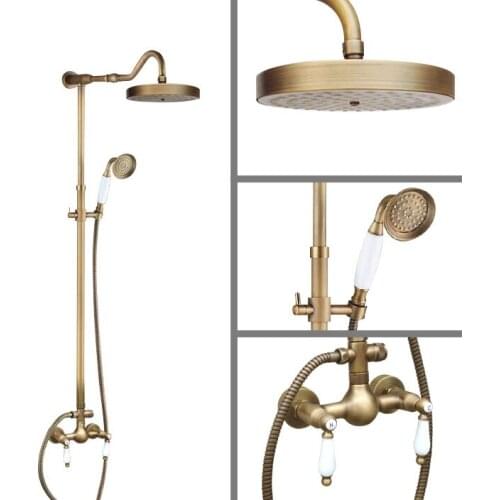 Vintage Retro Antique Brass Wall Mounted Bathroom 7.7" Round Rain Shower Head Faucet Set Dual Ceramic Handles Mixer Tap man519