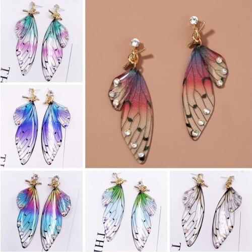 Fairy Rhinestone Cicada Butterfly Wings Earrings Handmade Jewelry Gold Sequins Gradient Colorful Long Drop Earrings 2021