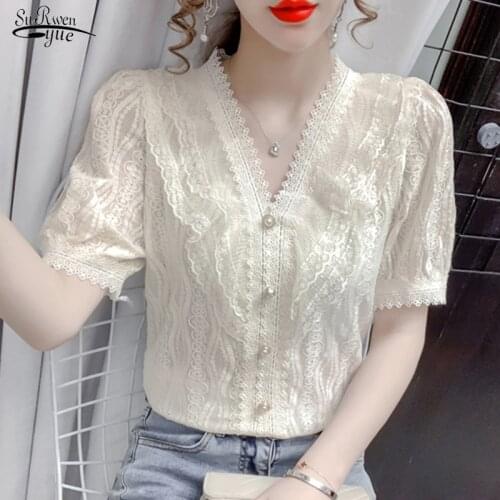 Summer Crocet Lace Shirt Women 2021 New V Neck Short Sleeve Ruffled Woman Blouses Office Lady Slim Fashion Tops Clothing 14190