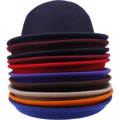 Pure Color Keeps Warm Womens Woolen Hat Autumn and Winter British Jazz Curling Bowler Hat