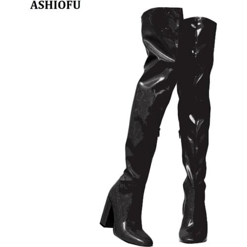 ASHIOFU Handmade Women Chunky Heel Boots Sexy Night-club Party Dress Over Knee Boots Evening Dance Fashion Long Boots Shoes