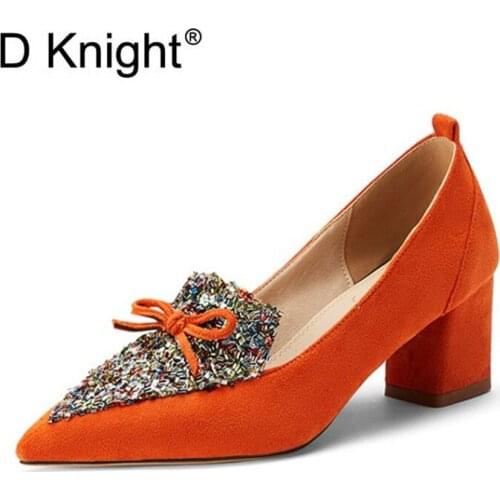 Plus Size 33-48 Women Pumps Sweet Bow Floral Office Lady High Heels Shoes Suede Leather Thick Heel Shoes Woman Pumps Orange Blue
